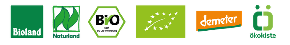 KI generiert: Das Bild zeigt verschiedene Bio-Siegel: Bioland, Naturland, Bio, EU-Bio, Demeter, Ökokiste.