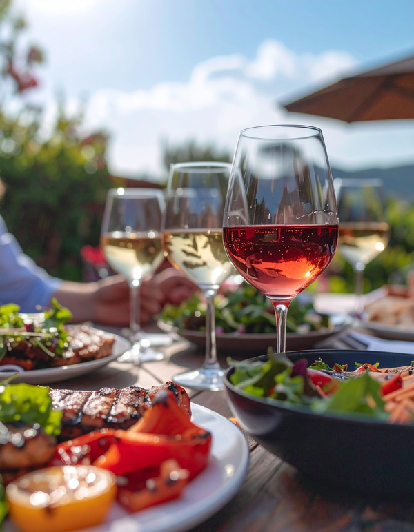 KI generiert: Weingläser und Teller mit Salat und gegrilltem Gemüse im Freien bei Sonnenschein.