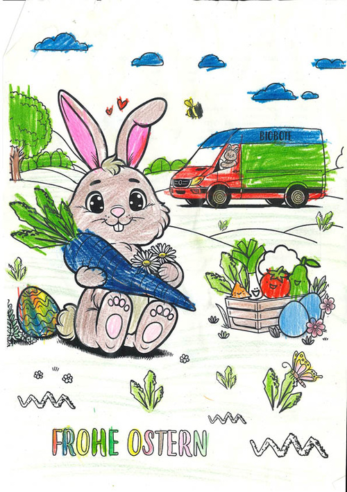 KI generiert: Ein Hase mit großer Möhre, daneben ein Lieferwagen. Text: FROHE OSTERN.