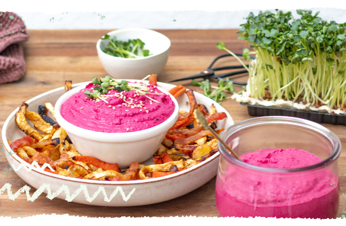 Teaser RDM-Ökokistenverbdand - 0325 - Rote-Bete-Hummus mit Wurzelgemüse-Pommes