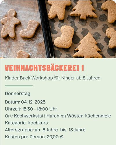 KI generiert: Weihnachtskekse auf einem Backblech und Text zu einem Kinder-Back-Workshop.