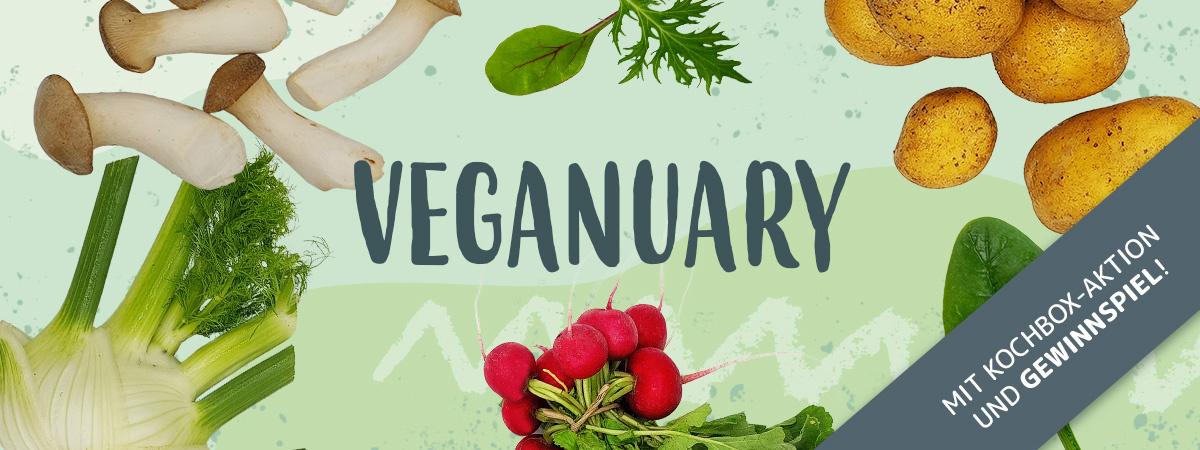 KI generiert: Das Bild zeigt eine Collage aus verschiedenen Gemüsesorten, darunter Pilze, Fenchel, Radieschen, Spinat und Kartoffeln, um das Wort "Veganuary" herum. Der Hauptinhalt ist die Förderung einer veganen Ernährung im Januar.
