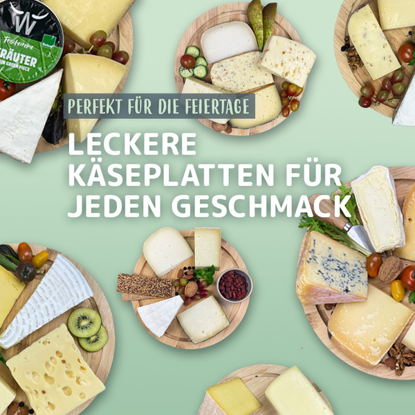 KI generiert: Verschiedene Käseplatten mit Früchten und Nüssen. Text: "Leckere Käseplatten für jeden Geschmack".