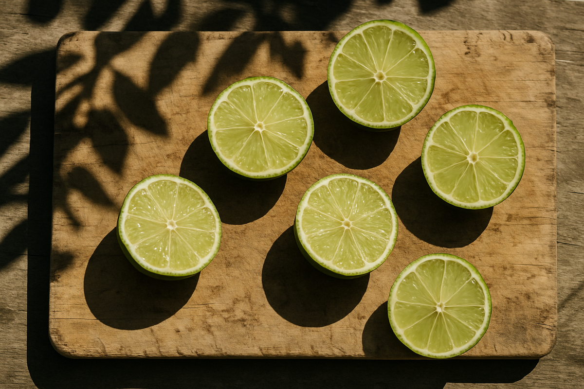 KI generiert: Sechs Limettenhälften auf einem Holzbrett, mit Schatten von Blättern im Hintergrund.