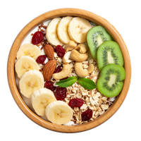 KI generiert: Eine Schale Müsli mit Bananen, Kiwis, Nüssen und Beeren.