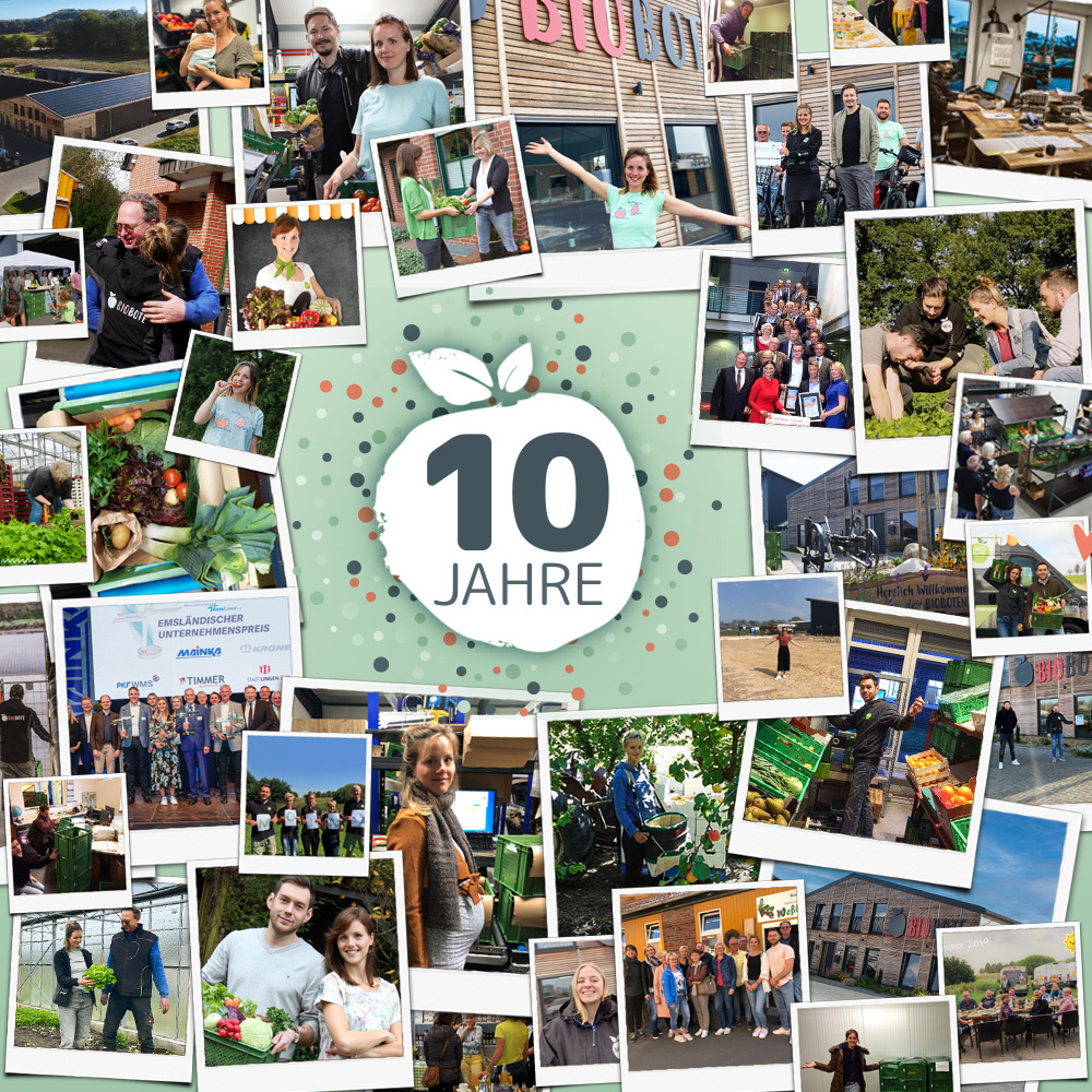 KI generiert: Collage von Menschen und Orten mit dem Text: "10 Jahre".