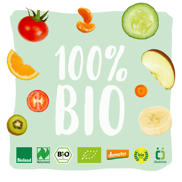 KI generiert: Verschiedene Obst- und Gemüsesorten, Text: "100% BIO", mit Bio-Siegeln darunter.
