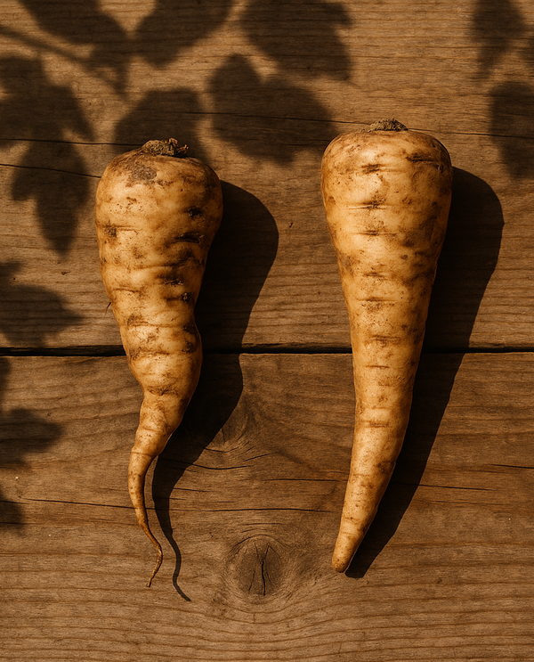 KI generiert: Zwei Pastinaken liegen auf einer hölzernen Oberfläche, begleitet von Schatten von Blättern.
