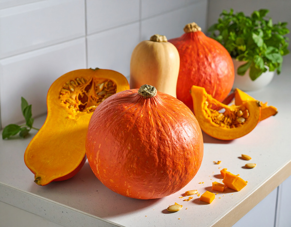 KI generiert: Verschiedene Kürbisse, darunter ein aufgeschnittener, auf einer Küchenarbeitsfläche.