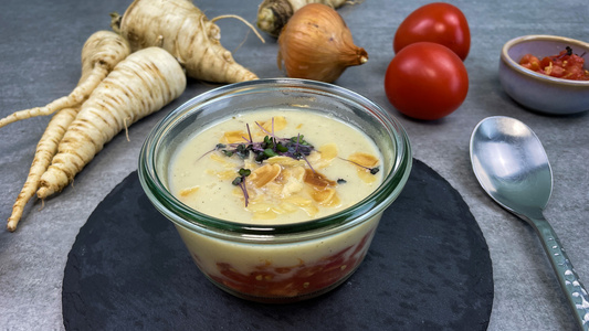 KI generiert: Das Bild zeigt ein Glas mit einer cremigen Suppe, garniert mit gehobelten Mandeln und Kräutern, auf einem Schieferuntersetzer. Im Hintergrund sind Pastinaken, Tomaten und eine Zwiebel zu sehen.