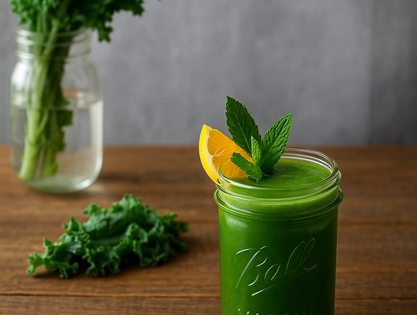 KI generiert: Grüner Smoothie im Glas mit Minze und Orangenscheibe, neben Grünkohl und einem Glas mit Wasser.