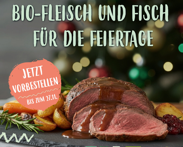 KI generiert: Ein Fleischgericht mit Beilage, beworben mit "Bio-Fleisch und Fisch für die Feiertage. Jetzt vorbestellen bis zum 27.11."