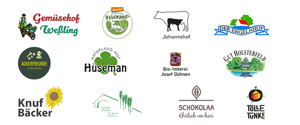 regionale Bio-Lieferanten Gemüsehof, Weßling, Heuerhof Elbergen, Johannshof Fiebing, Emngelnhof, Ackerfreunde Spelle, Hüsemann, Bio-Imkerei Josef Dühnen, Gut Holsterfeld, Knuf Bäcker, Sozialer Ökohof St. Josef, Schokolaa, Tolle Tunke 
