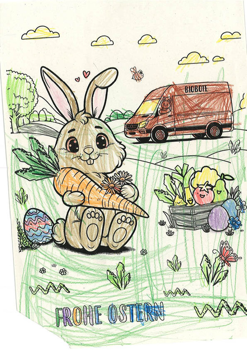 KI generiert: Ein Hase hält eine Karotte, daneben ein buntes Ei. Text: "FROHE OSTERN". Im Hintergrund ein Lieferwagen.