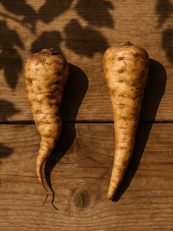 KI generiert: Zwei Pastinaken auf einem Holztisch.