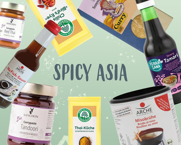 KI generiert: Eine Collage asiatischer Gewürzprodukte mit dem Text "SPICY ASIA".
