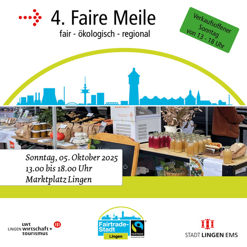 KI generiert: Die "4. Faire Meile" in Lingen, 5. Oktober 2025, mit Marktständen, fair und ökologisch.