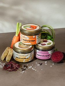 Knollenkutter - vegane Fischalternativen im Glas, Möhrenlax, Sellerie Vorellerie, Beete di Mare