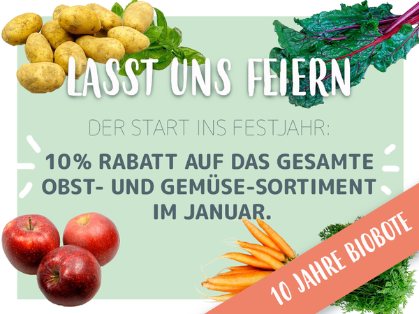 KI generiert: Bild mit Obst und Gemüse. Text: "Lasst uns feiern. 10% Rabatt auf Obst- und Gemüse-Sortiment im Januar. 10 Jahre Biobote."