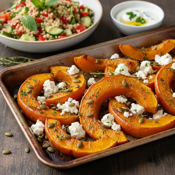Gerösteter Hokkaido Kürbis mit Feta und Kürbiskernen auf einem Blech, Salat und Dip im Hintergrund.