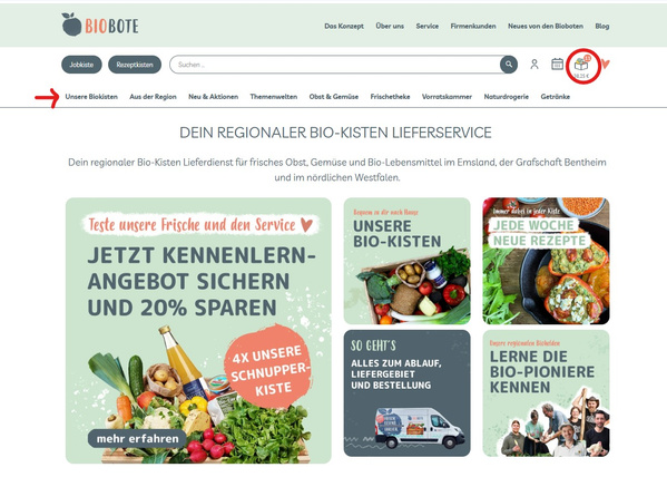 KI generiert: Website für regionalen Bio-Kisten Lieferservice mit Sonderangeboten und Informationen. "JETZT KENNENLERN-ANGEBOT SICHERN UND 20% SPAREN"