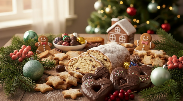 KI generiert: Weihnachtliche Gebäckszene mit Stollen und Keksen, dekoriert mit Tannenzweigen und Ornamenten.