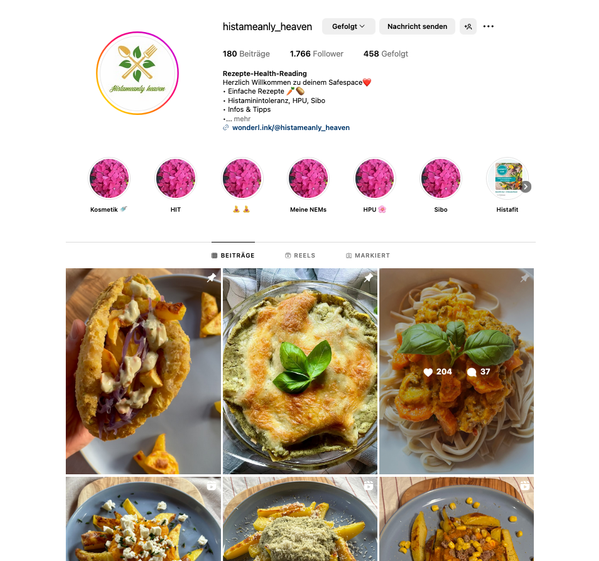 KI generiert: Instagram-Profil "histameanly_heaven" mit Fokus auf Rezepte und Gesundheitstipps.