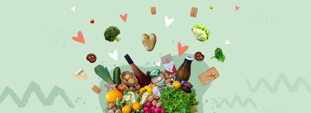 KI generiert: Bunte Auswahl an Obst, Gemüse und Getränken vor grünem Hintergrund mit Herzen und Brotscheiben schwebend.