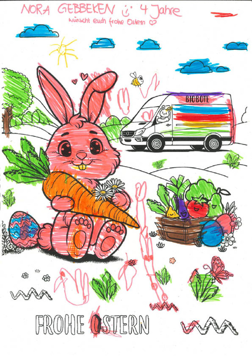 KI generiert: Ein bunter Osterhase mit Karotte, daneben ein Biobot-Lieferwagen. Text: "NORA GEBBEKEN [...] FROHE OSTERN".