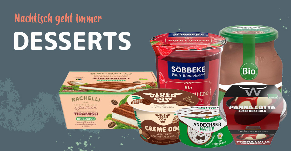 KI generiert: Eine Auswahl an Desserts, darunter Tiramisu und Panna Cotta. Text: "Nachtisch geht immer DESSERTS".