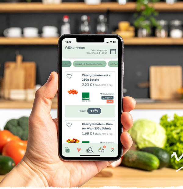 KI generiert: Ein Handy zeigt einen Online-Shop für Lebensmittel, speziell Cherrytomaten. Text: "Cherrytomaten rot - 250g Schale 2,23 €".