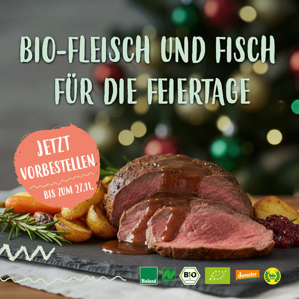 KI generiert: Ein Bild von Bio-Fleisch mit Text: "Bio-Fleisch und Fisch für die Feiertage. Jetzt vorbestellen bis zum 27.11."