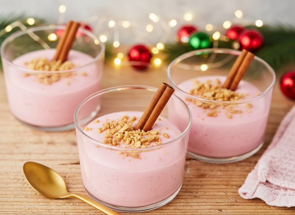KI generiert: Drei Gläser mit rosa Dessert, garniert mit Zimtstangen und Streuseln; weihnachtliche Dekoration im Hintergrund.