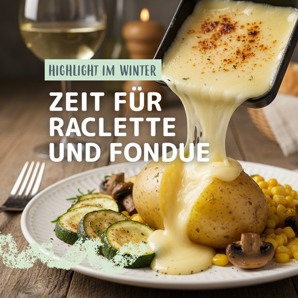 Käse wird über Kartoffeln, Zucchini und Pilze gegossen. Text: "HIGHLIGHT IM WINTER ZEIT FÜR RACLETTE UND FONDUE".