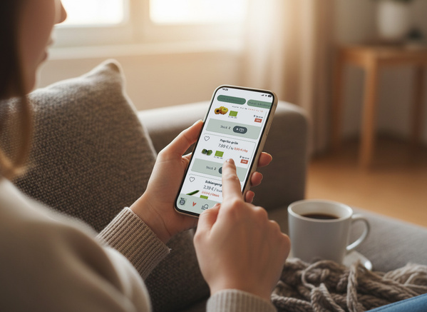 KI generiert: Eine Person nutzt ein Smartphone für Online-Shopping mit einer Einkaufsliste-App.