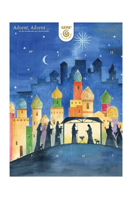 KI generiert: Ein Adventskalender mit einer Krippenszene und einer nächtlichen Stadt im Hintergrund. Text: "Advent, Advent..."