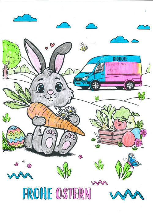 KI generiert: Ein Hase mit Karotte, Ostereiern und einem Biobote-Lieferwagen. Text: "FROHE OSTERN".