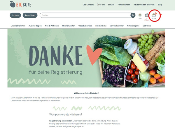 KI generiert: Korb mit Gemüse und Text: "DANKE für deine Registrierung".