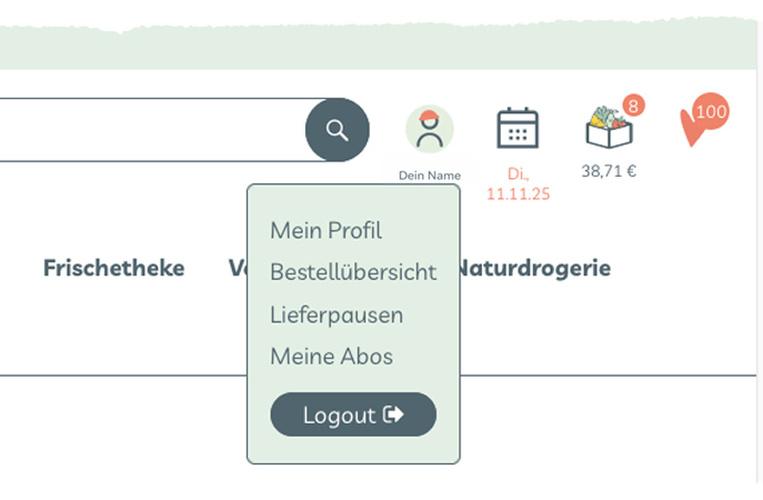 Website-Navigation mit Benutzermenü. Text: "Mein Profil, Bestellübersicht, Lieferpausen, Meine Abos, Logout".