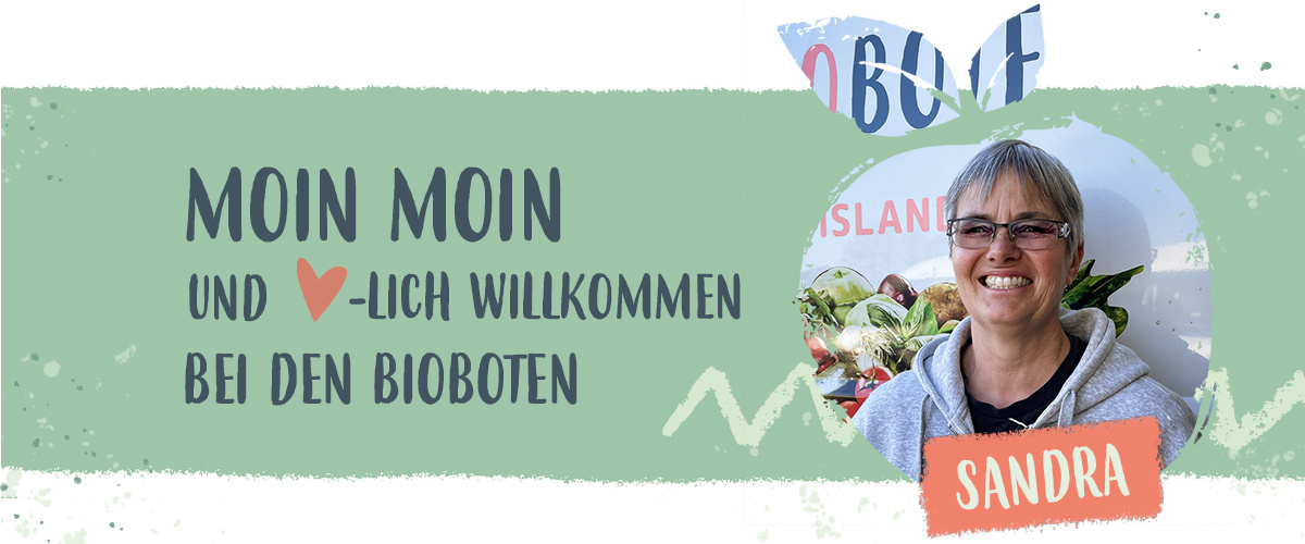 KI generiert: Das Bild zeigt eine Begrüßungsgrafik mit einem herzlichen Willkommensgruß bei den Bioboten, neben dem ein lächelndes Bild von jemandem namens Magda zu sehen ist. Der Hintergrund ist in sanften Grüntönen gehalten.