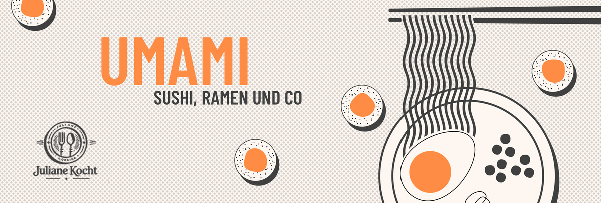 KI generiert: Illustration von Sushi, Ramen und Eiern. Text: "UMAMI SUSHI, RAMEN UND CO", "Juliane Kocht".