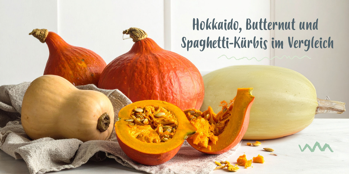 KI generiert: Verschiedene Kürbisse: Hokkaido, Butternut und Spaghetti-Kürbis im Vergleich. Text: "Hokkaido, Butternut und Spaghetti-Kürbis im Vergleich".