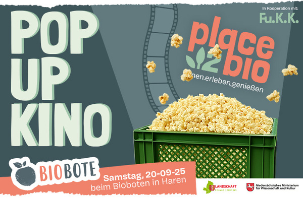 KI generiert: Ein Pop-up-Kino-Event bei Bioboten Haren wird angekündigt. Text: "POP UP KINO, Samstag, 20-09-25 beim Bioboten in Haren".