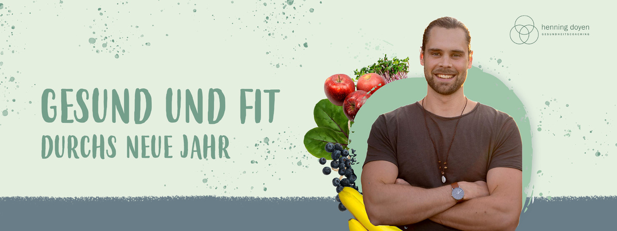 KI generiert: Mann mit Obst und Gemüse; Text: "GESUND UND FIT DURCHS NEUE JAHR".