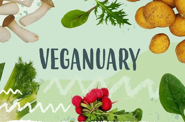 KI generiert: Das Bild zeigt den Schriftzug "Veganuary" umgeben von verschiedenen Gemüsesorten wie Pilzen, Kartoffeln, Fenchel, Radieschen und Spinat auf grünem Hintergrund. Der Hauptinhalt des Bildes ist die Förderung einer pflanzlichen Ernährung im Januar.