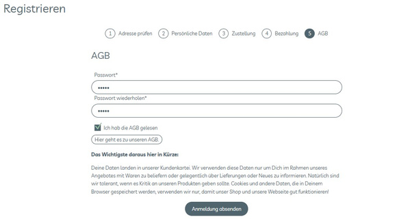KI generiert: Registrierungsseite mit Passwortfeldern, AGB-Bestätigung und Button "Anmeldung absenden".