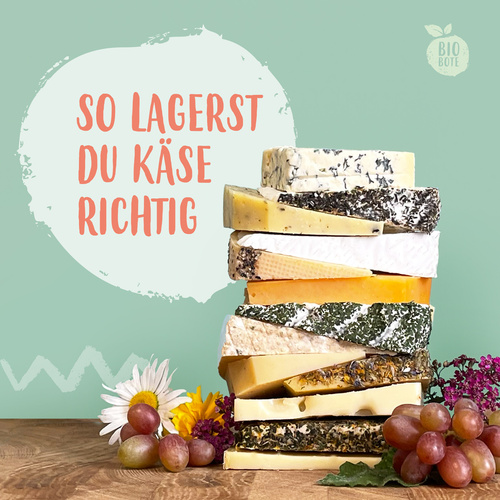 KI generiert: Ein Stapel Käse mit Text: "SO LAGERST DU KÄSE RICHTIG". Blumen und Trauben schmücken den Tisch.
