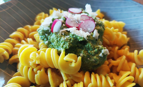 Spiralnudeln mit Radieschengrün-Pesto, Parmesan und frischen Radieschenscheiben