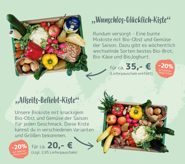 Das Bild zeigt zwei Angebote von Biokisten mit frischem Obst und Gemüse sowie zusätzlichen biologischen Produkten. Die "Wunschlos-Glücklich-Kiste" kostet ca. 35 Euro, während die "Allseits-Beliebt-Kiste" ab ca. 20 Euro erhältlich ist.